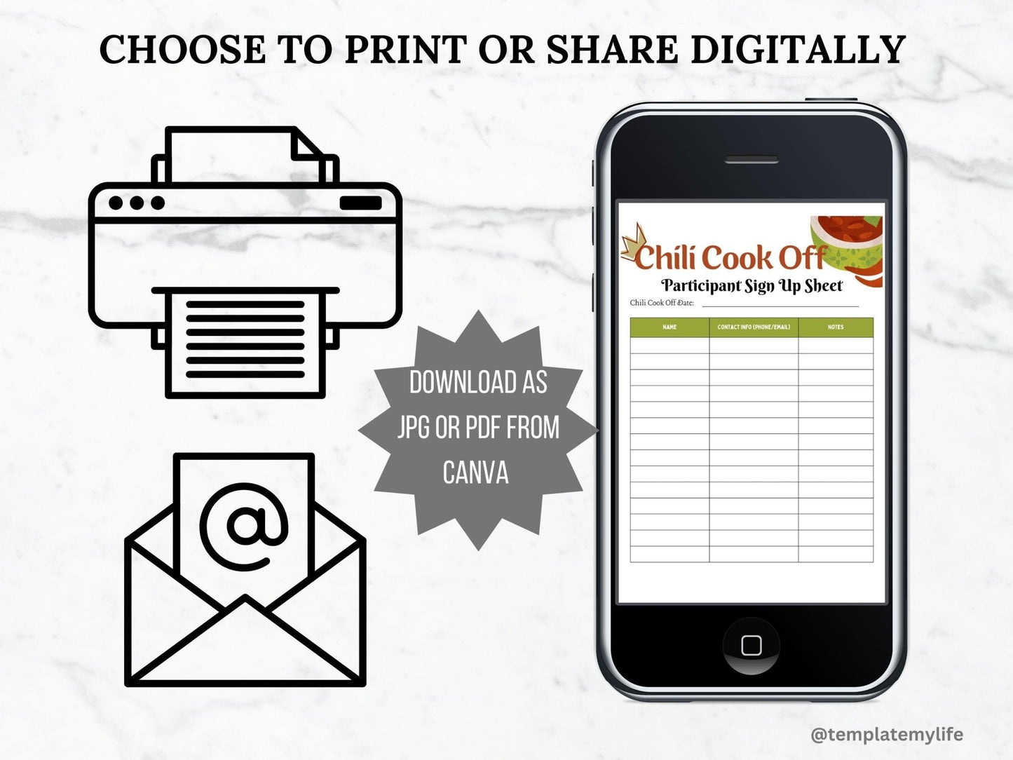 Chili Cook Off Flyer template PTO Participant Registration Sign Up Sheet shown on a phone can be used printed or digital