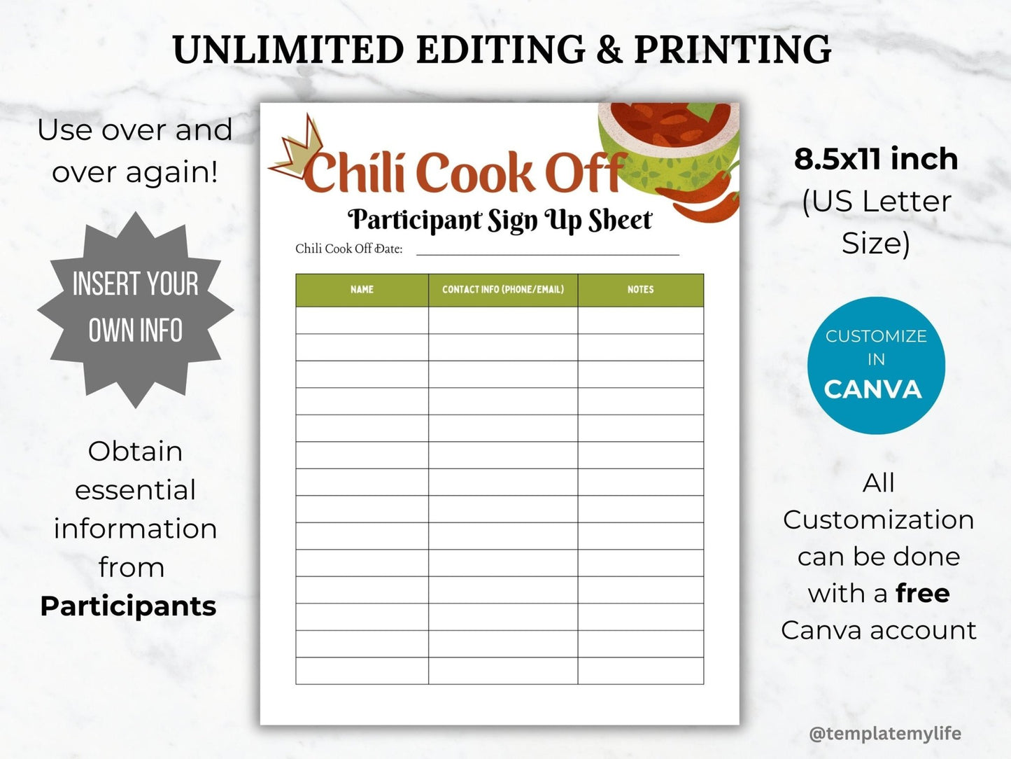 Chili Cook Off Flyer template PTO Participant Registration Sign Up Sheet shown comes in US letter size 8.5 x 11 inch and us customizable with a free canva account