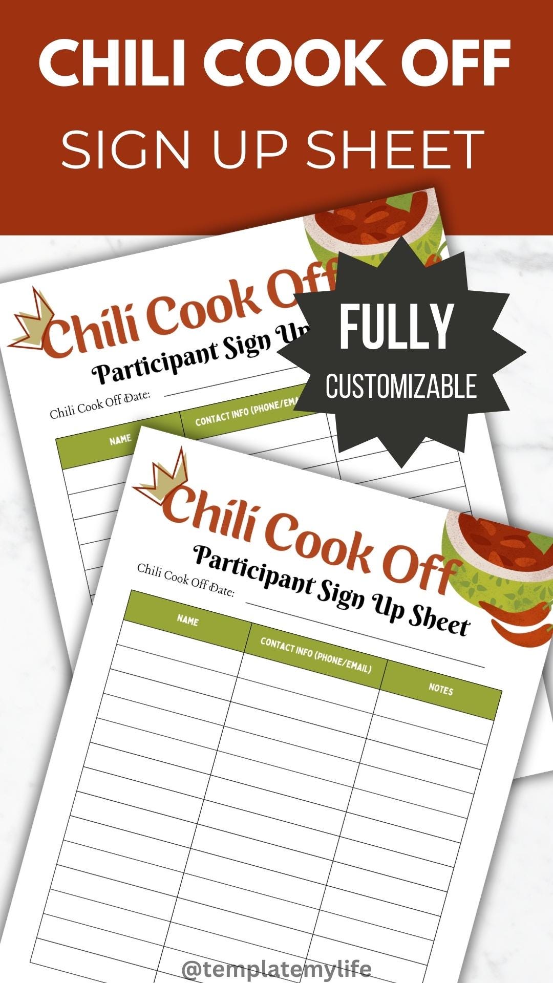 Chili Cook Off Flyer template PTO Participant Registration Sign Up Sheet shown is fully customizable