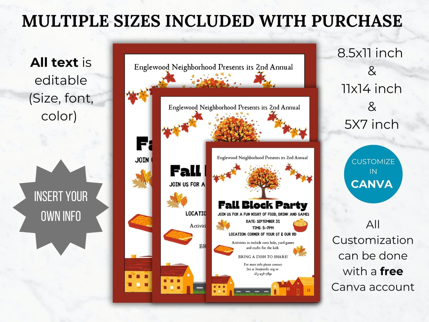 Fall Block Party Flyer Template Autumn Block Party event invite Editable Fall Community event Flyer Fall Neighborhood Block Party HOA Flyer
