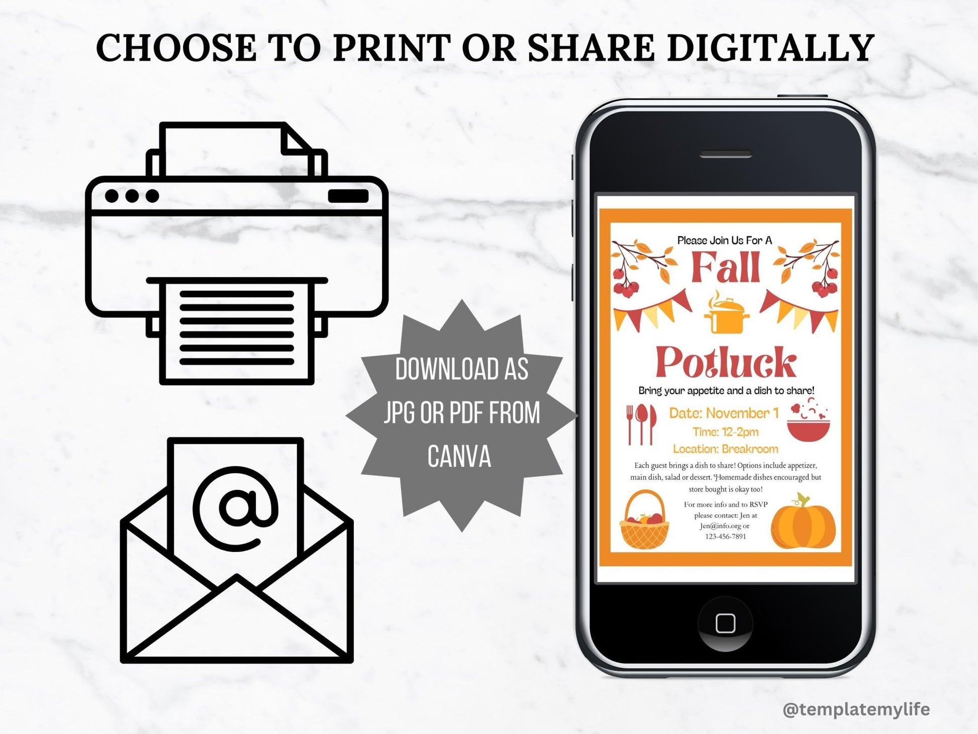 Fall Potluck party invitation template can be downloaded from canva as JPG or PDF and can be used both printed or digitally