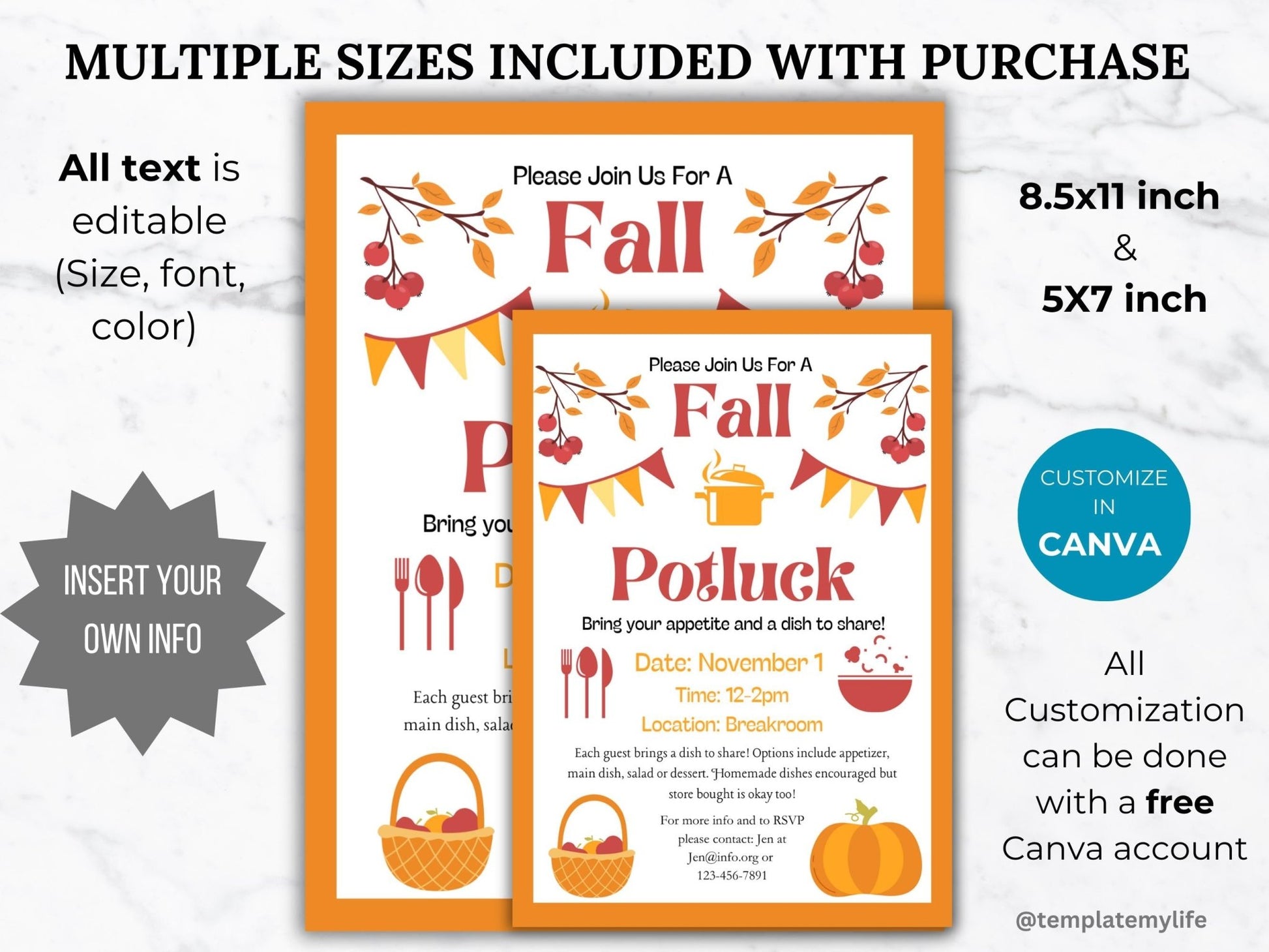 Fall Potluck invite flyer template comes as 2 sizes US letter size 8.5 x 11 inch and 5 x 7 inch size. Insert your own info into the customizable template