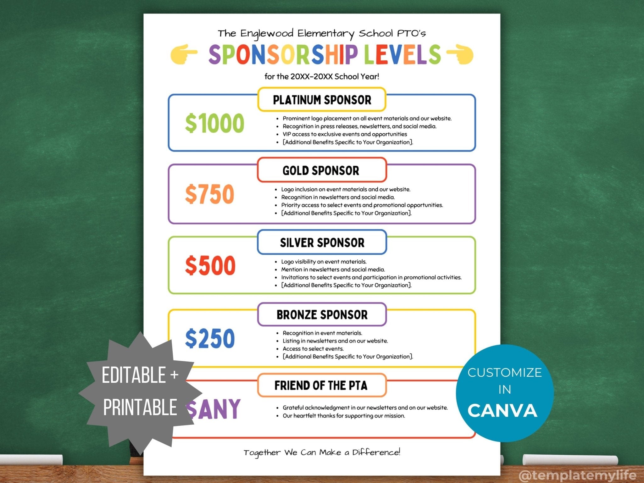 Sponsorship Level Flyer Editable Template PTO & Schools Organizations