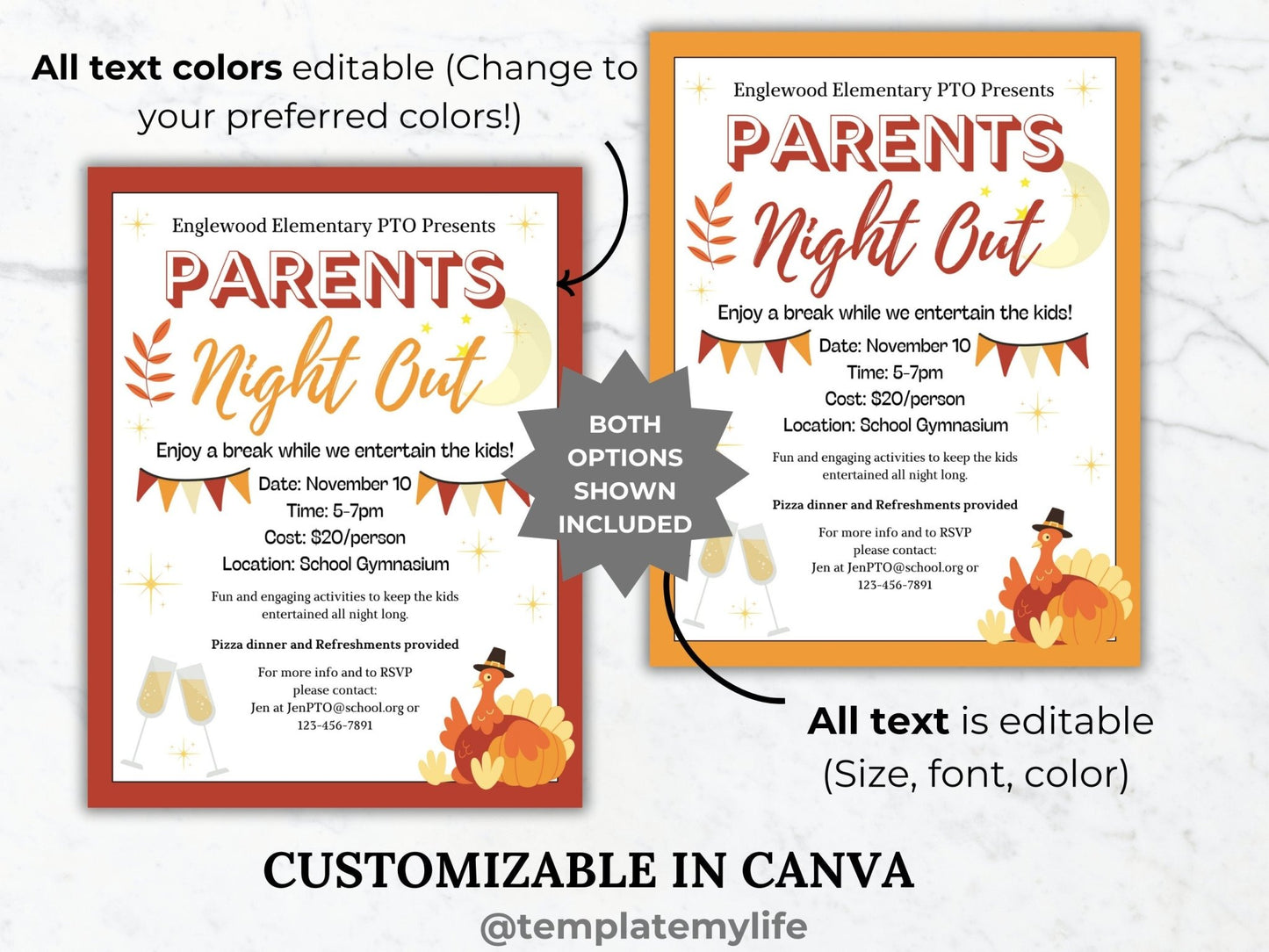 Thanksgiving Parent Night Out flyer template PTO Fall school event PTA flyer invitation date night flyer community event invite recreation