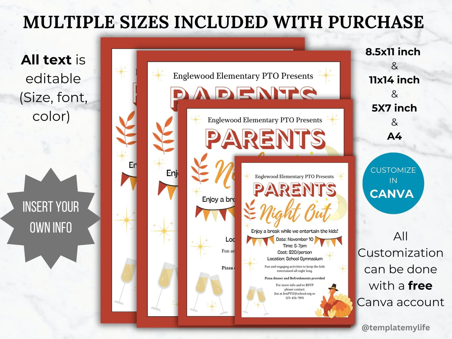 Thanksgiving Parent Night Out flyer template PTO Fall school event PTA flyer invitation date night flyer community event invite recreation