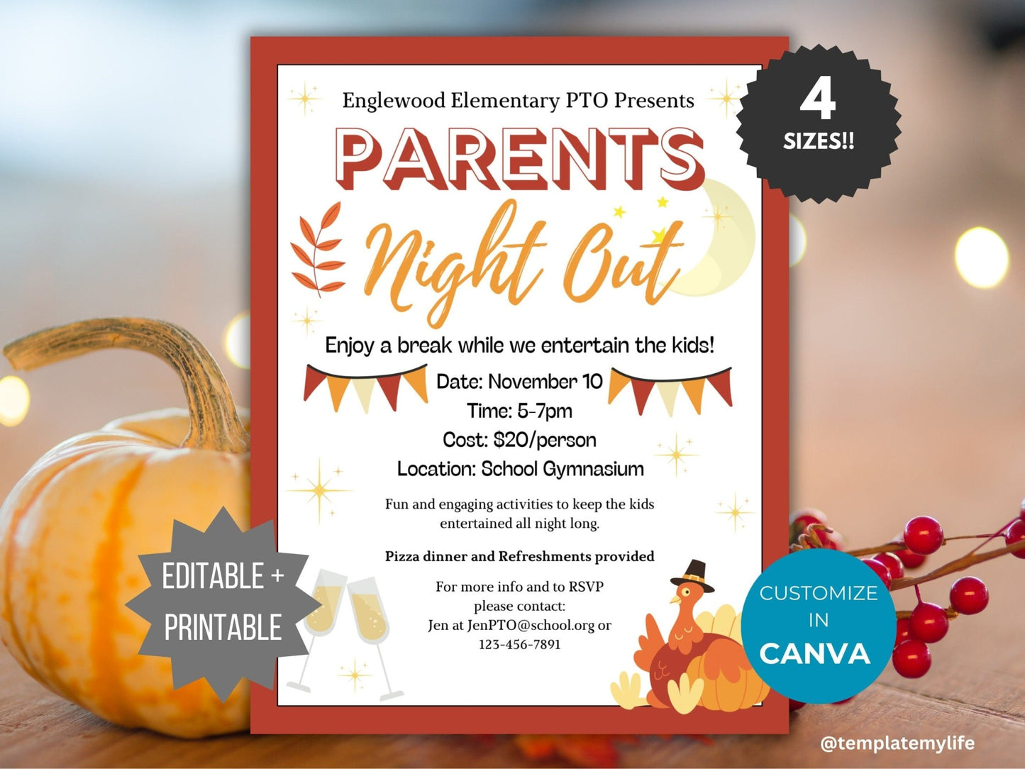 Thanksgiving Parent Night Out flyer template PTO Fall school event PTA flyer invitation date night flyer community event invite recreation