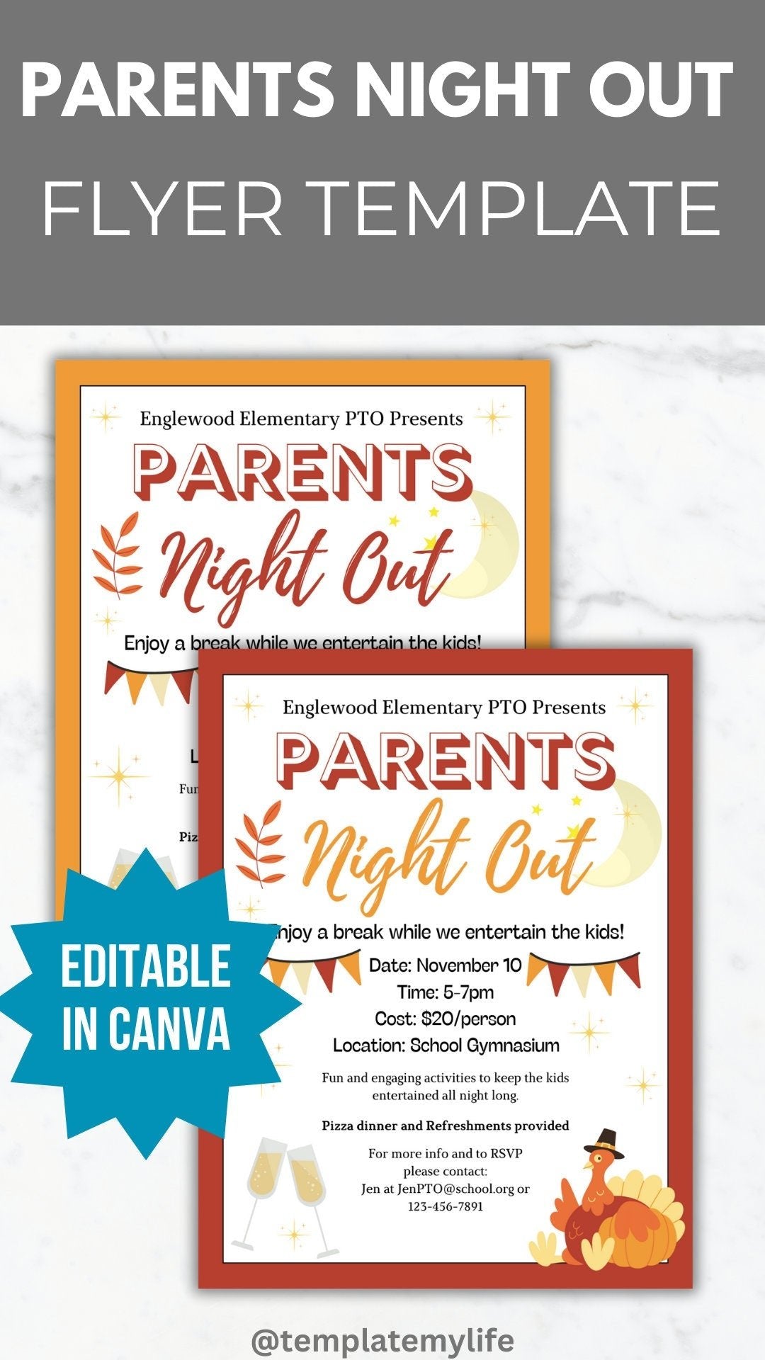 Thanksgiving Parent Night Out flyer template PTO Fall school event PTA flyer invitation date night flyer community event invite recreation