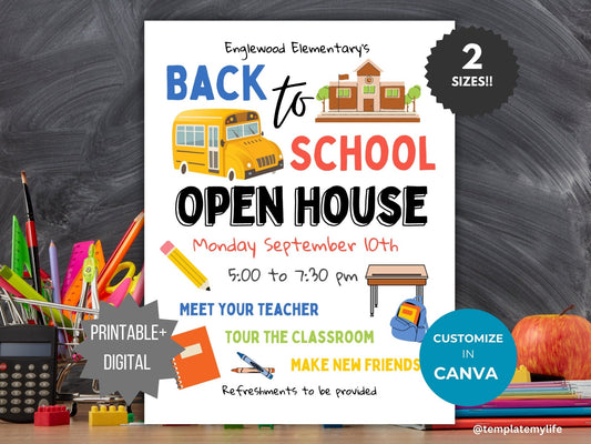 School Open House invite template Back to School Open House Night flyer Meet the Teacher flyer elementary school flyer preschool template