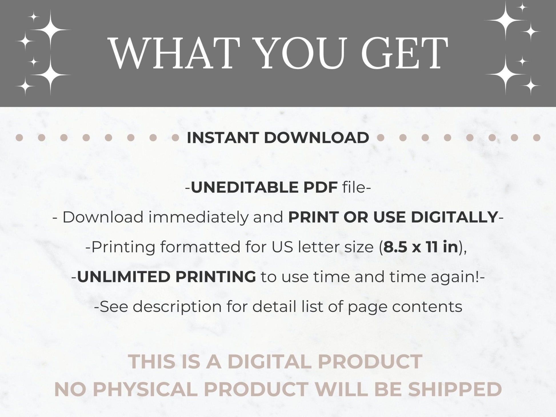 Information stating that this open house planning guide is an uneditable pdf file in size US Letter size (8.5 x 11 inch) that can be used both printed or digitally with unlimited printing