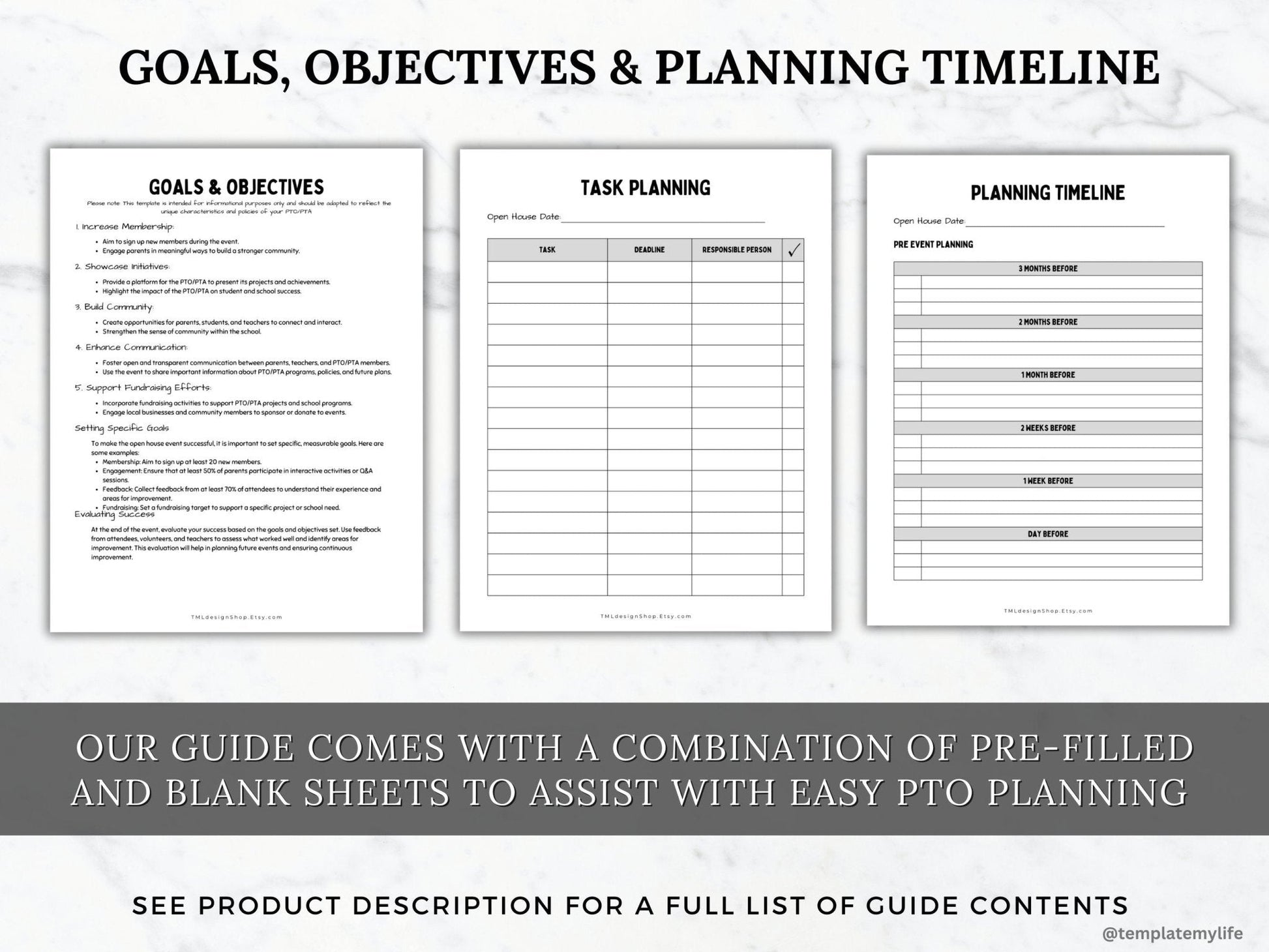 Photo showing PTO PTA templates for goals and objectives, task planning and planning timeline