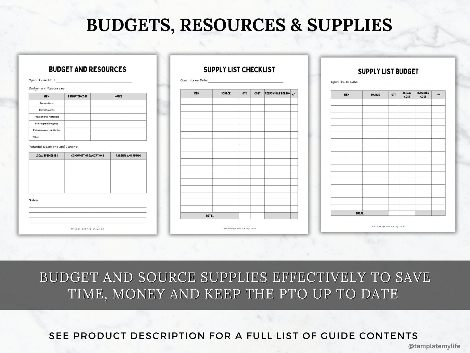 photo showing budget, resources and supplies pages included in this PTO/PTA Open House planning Guide