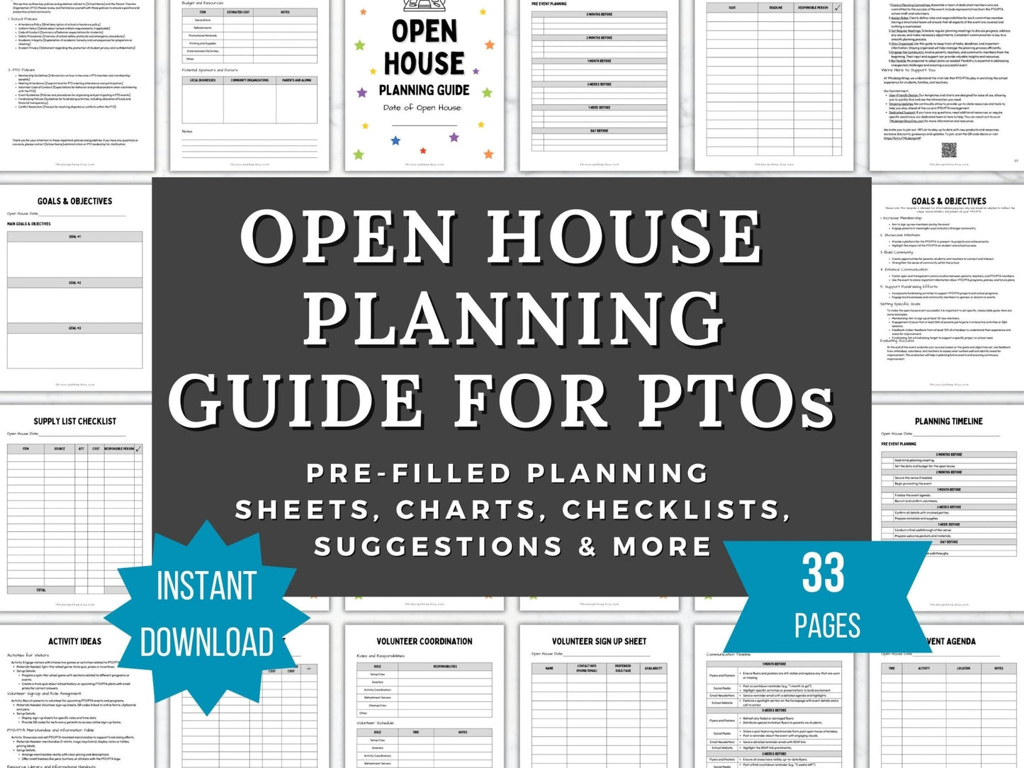 Back to School Open House Planning Guide for PTO/PTA cover photo showcasing its pre-filled planning shets, charts, checklists, suggestions and more within 33 page printable