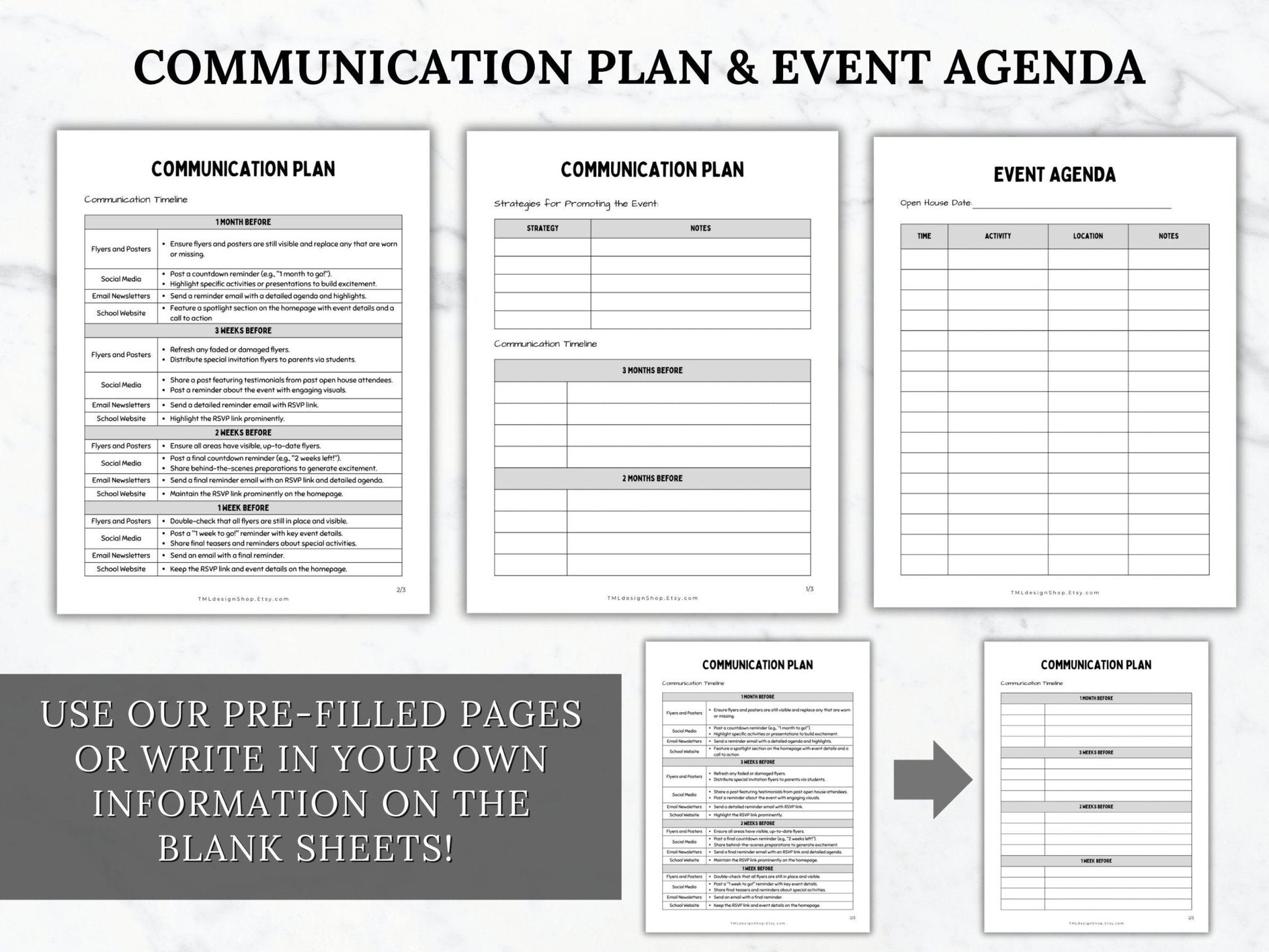 Communication plan and event agenda printable pages shown for PTO PTA Open house planner