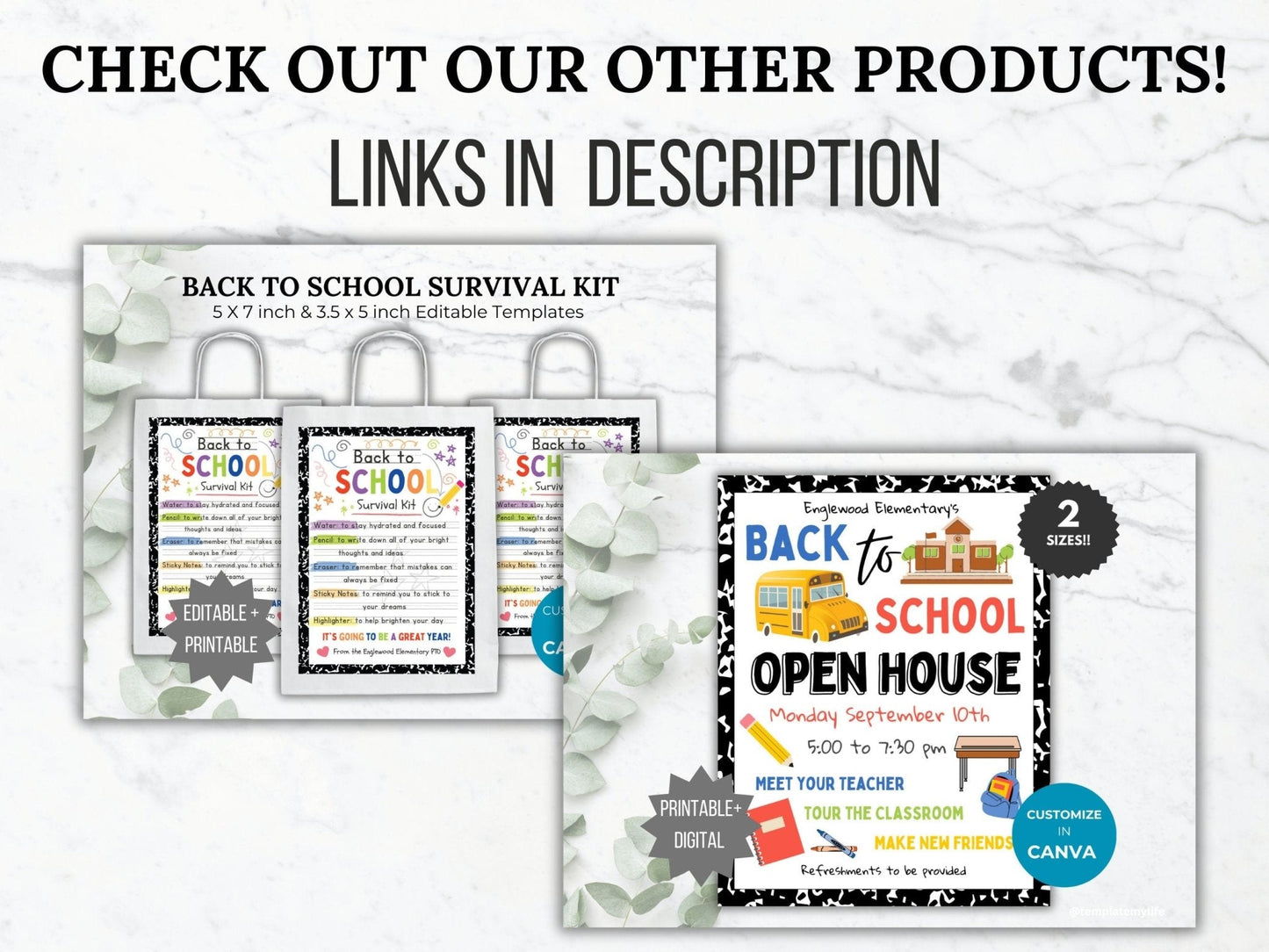 Check out our other products such as back to school survival kit printables and back to school open house flyer