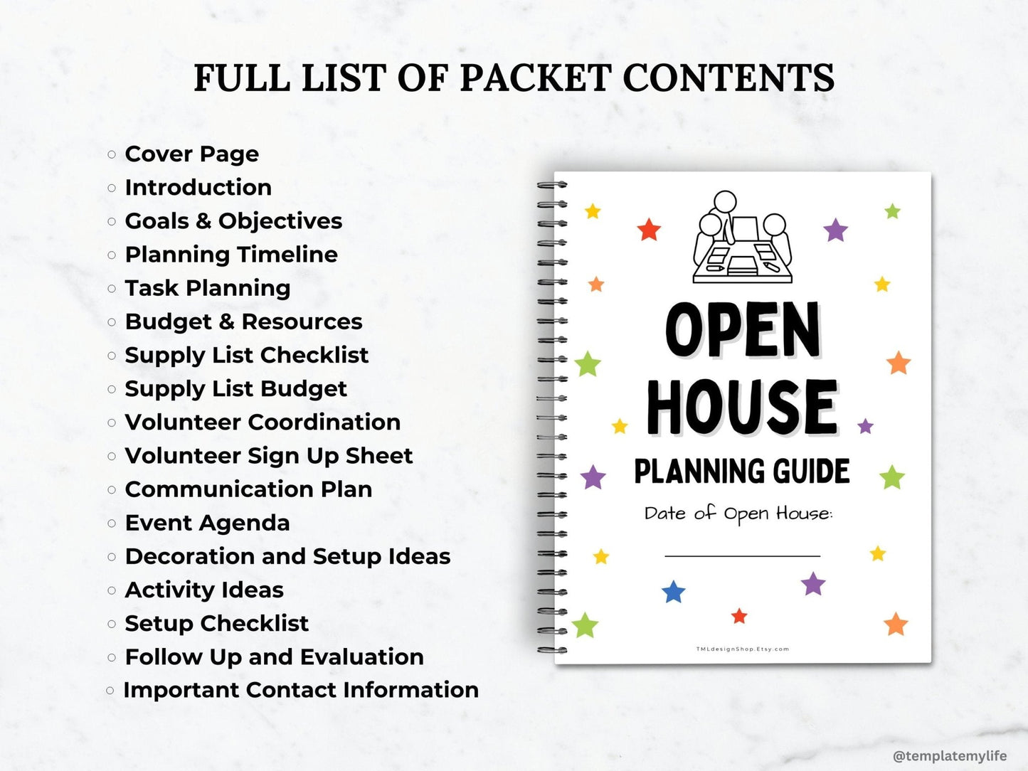 Full list of packet contents: Introduction, Goals & Objectives, Planning Timeline, Task Planning, Budget & Resources, Supply List Checklist, Supply List Budget, Volunteer Coordination, Volunteer Sign Up Sheet, Communication Plan, Event Agenda, Decoration and Setup Ideas, Activity Ideas, Setup Checklist, Follow Up and Evaluation, Important Contact Information