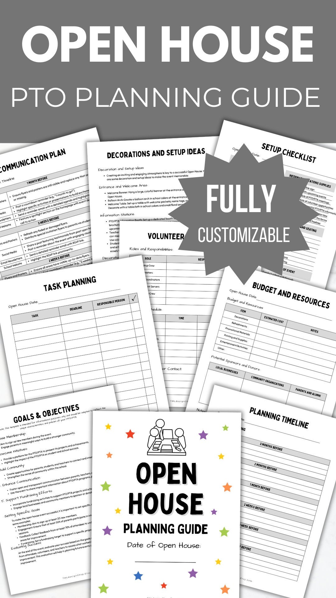 Multiple pages of Open house planning guide for PTO/PTA shown stating fully customizable