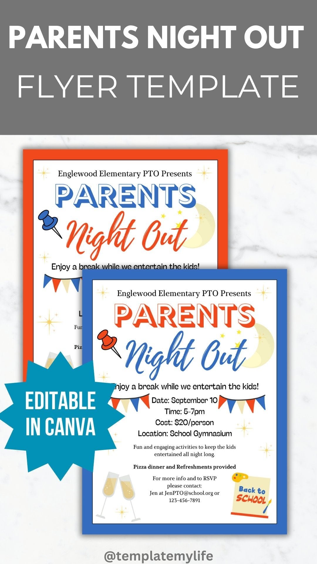 Back to School Parents Night Out flyer template PTO school fundraiser PTA flyer invitation date night flyer Fall community event recreation