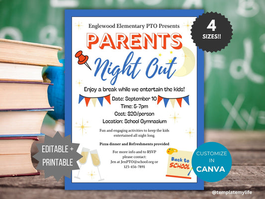 Back to School Parents Night Out flyer template PTO school fundraiser PTA flyer invitation date night flyer Fall community event recreation