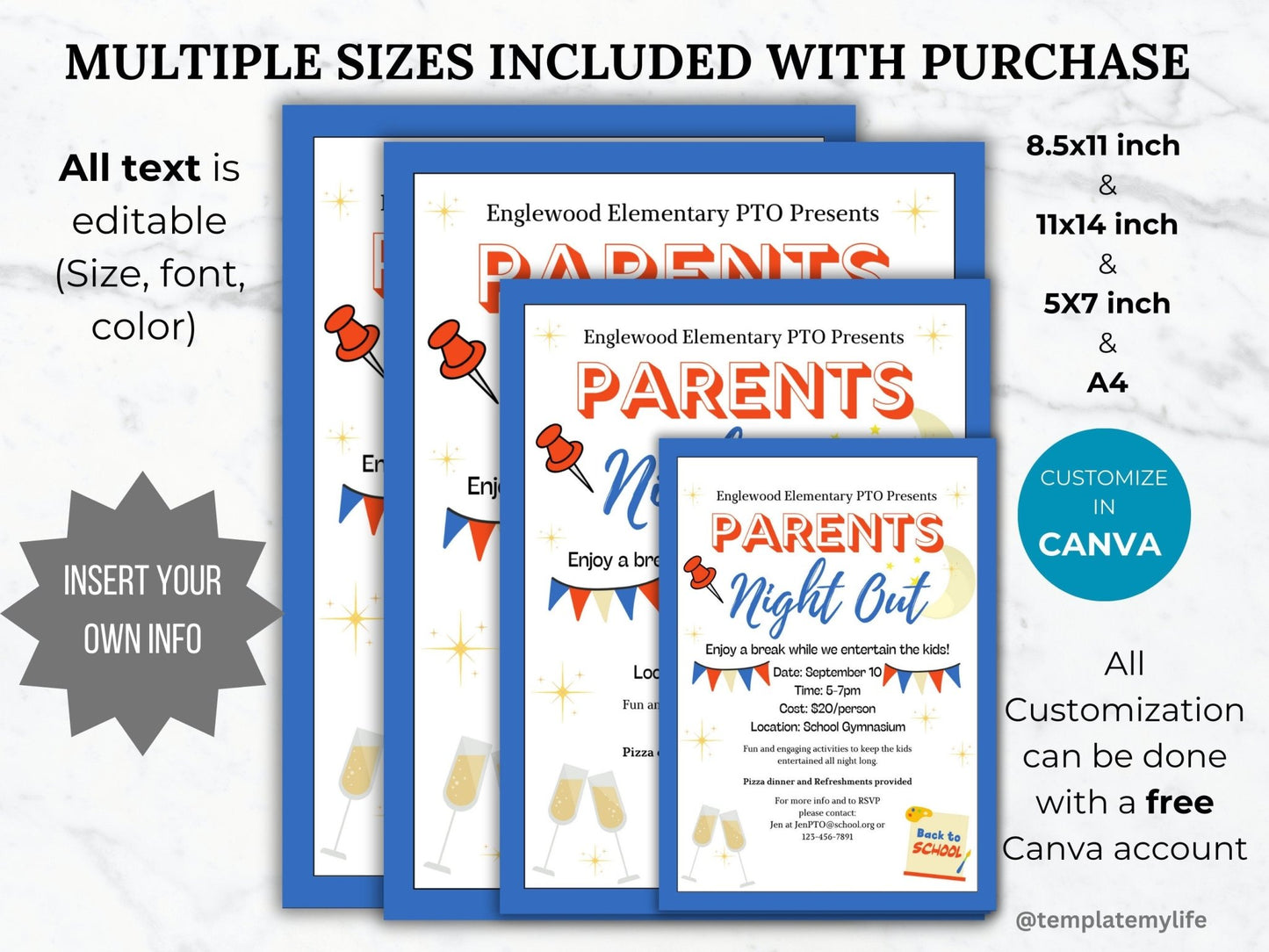 Back to School Parents Night Out flyer template PTO school fundraiser PTA flyer invitation date night flyer Fall community event recreation