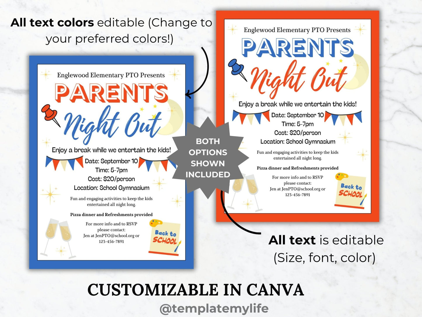 Back to School Parents Night Out flyer template PTO school fundraiser PTA flyer invitation date night flyer Fall community event recreation