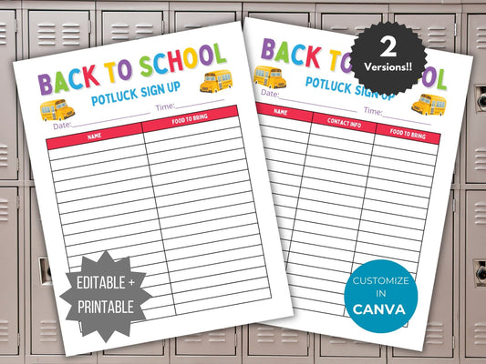 Back to School Potluck Sign Up Sheet template Editable Potluck sign up form flyer neighborhood Fall potluck party food signup printable