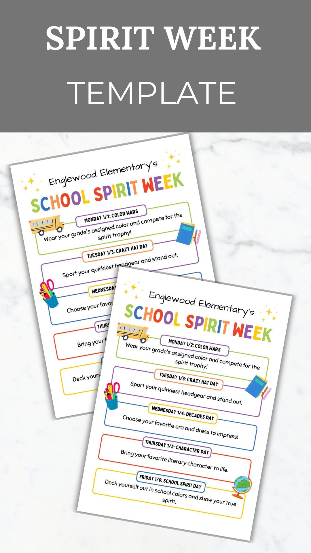 Back to School Spirit Week Flyer Printable School Spirit Flyer editable pto template Spirit week itinerary pta flyer school event handout