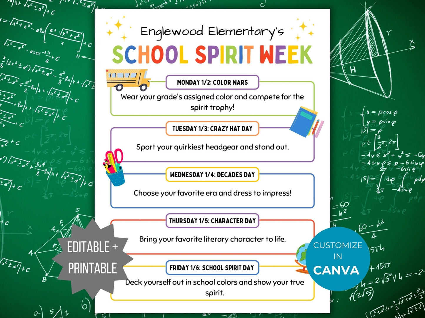 Back to School Spirit Week Flyer Printable School Spirit Flyer editable pto template Spirit week itinerary pta flyer school event handout