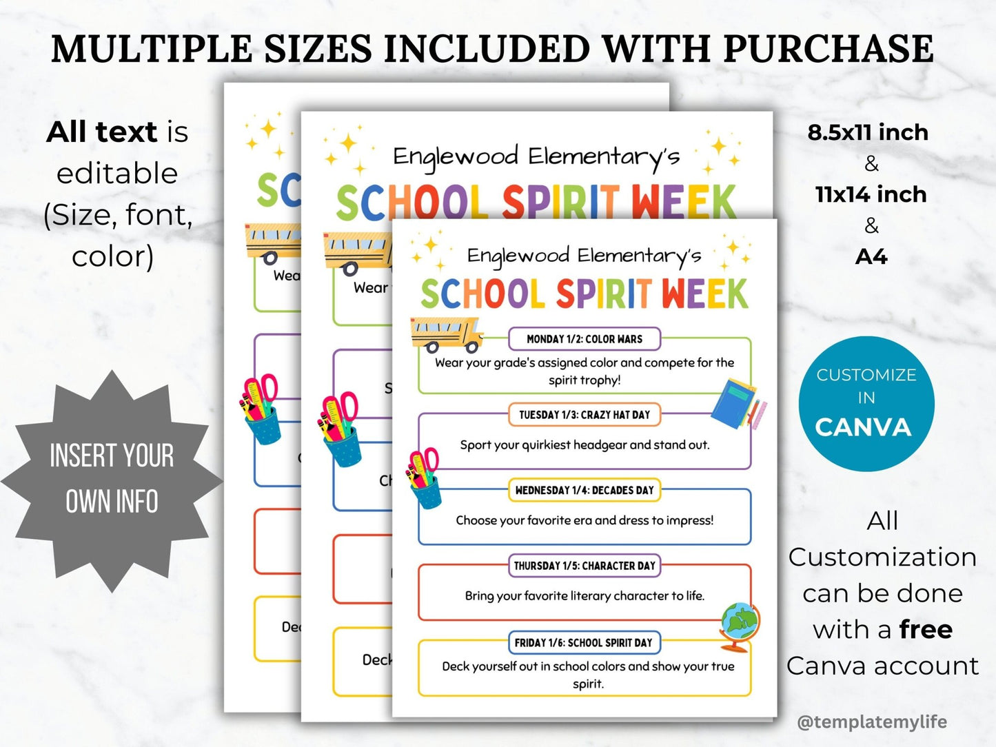 Back to School Spirit Week Flyer Printable School Spirit Flyer editable pto template Spirit week itinerary pta flyer school event handout