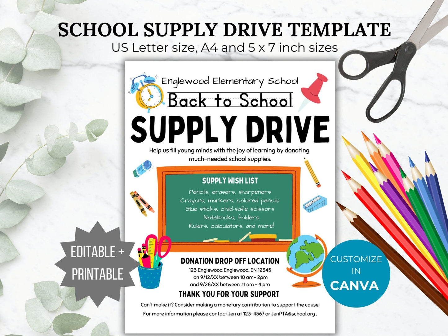 Editable School Supply Drive Flyer Template School Fundraiser flyer school donation flyer PTO template fundraising PTA flyer template school