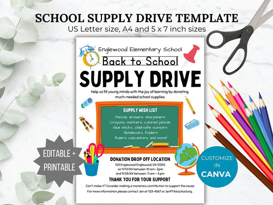 Editable School Supply Drive Flyer Template School Fundraiser flyer school donation flyer PTO template fundraising PTA flyer template school