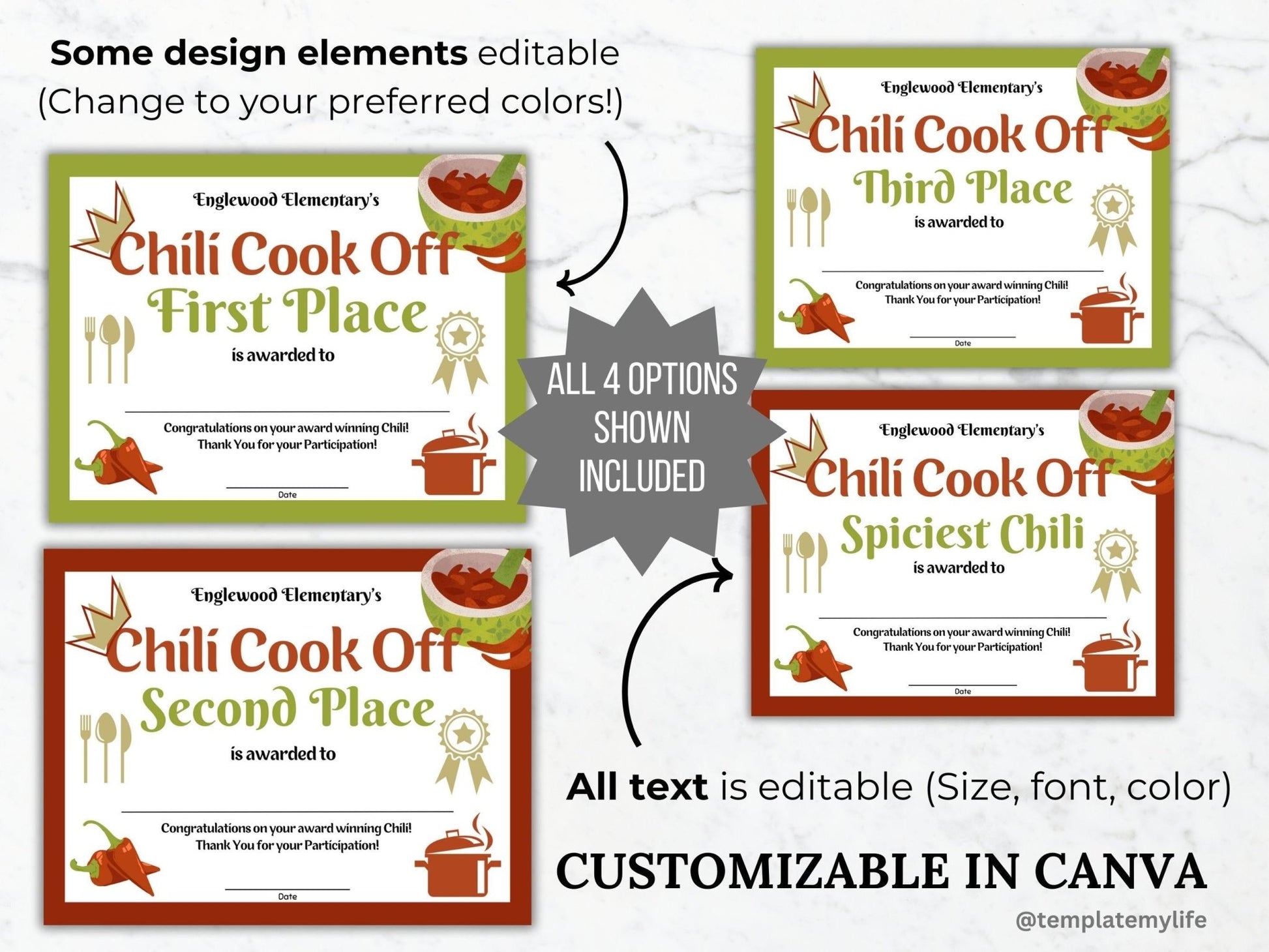 Chili Cook Off Award Certificate Templates shown comes with 4 options for first, second and third place as well as spiciest chili and all text and design elements customizable in canva