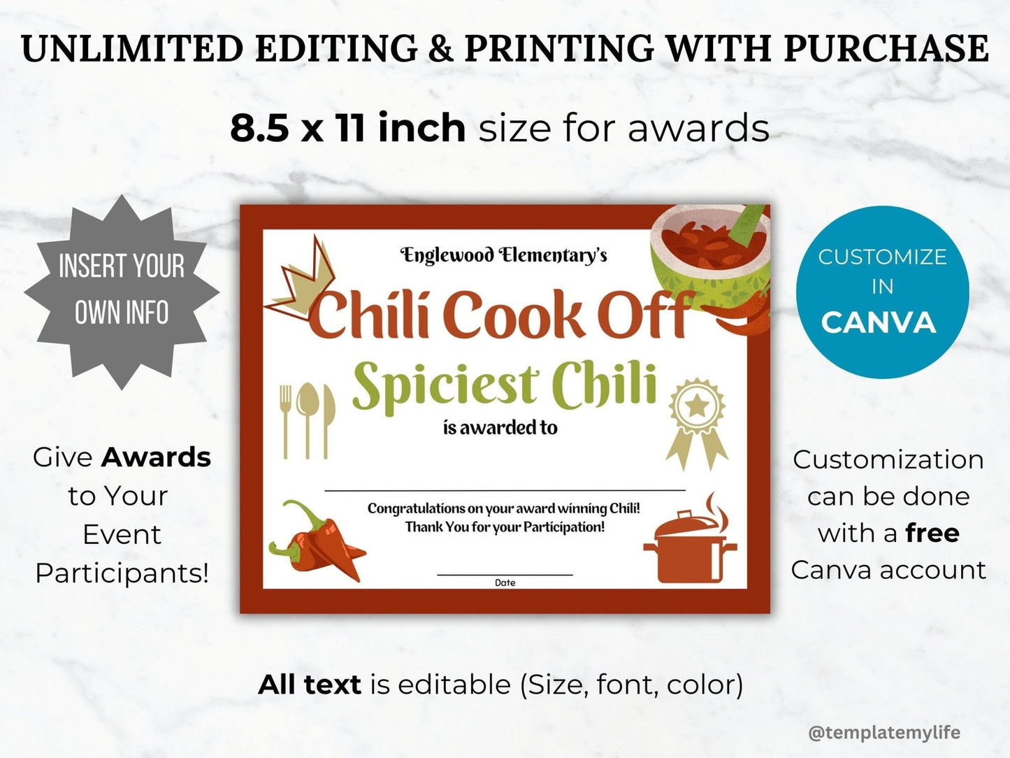 Chili Cook Off Award Certificate Template comes as US letters size 8.5 x 11 inch