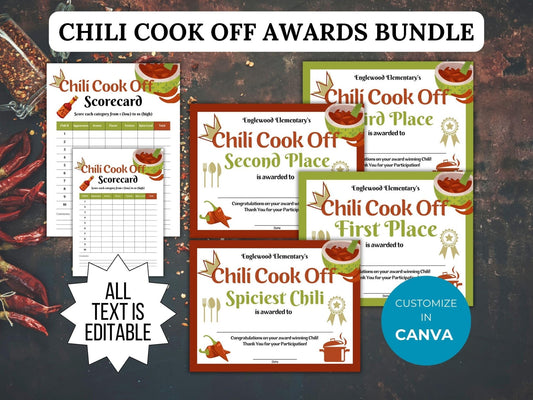 Chili Cook Off Award Certificate Template PTO Bundle shown comes with awards and voting scored card and is customizable in canva