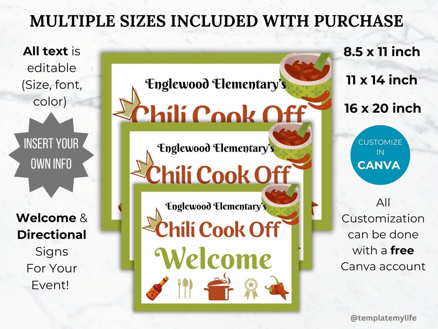 Chili Cook Off Event Signs Template Bundle shown comes in 3 sizes: US letter size 8.5 x 11 inch, 11 x 14 inch and 16 x 20 inch.