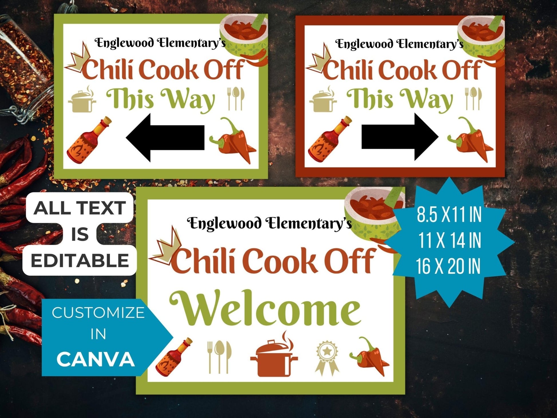 Chili Cook Off Event Signs Template Bundle shown welcome sign and directional signs decorated in brown and green editable in canva