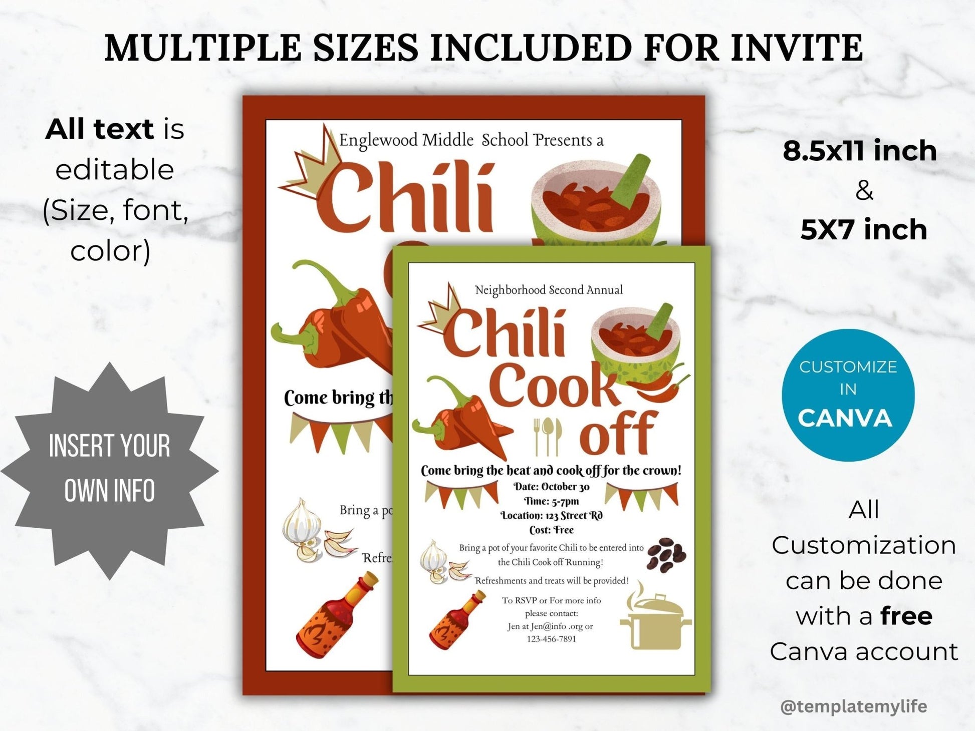 Chili Cook Off Flyer Invitation comes in US letter size 8.5 x 11 inch and 5 x 7 inch