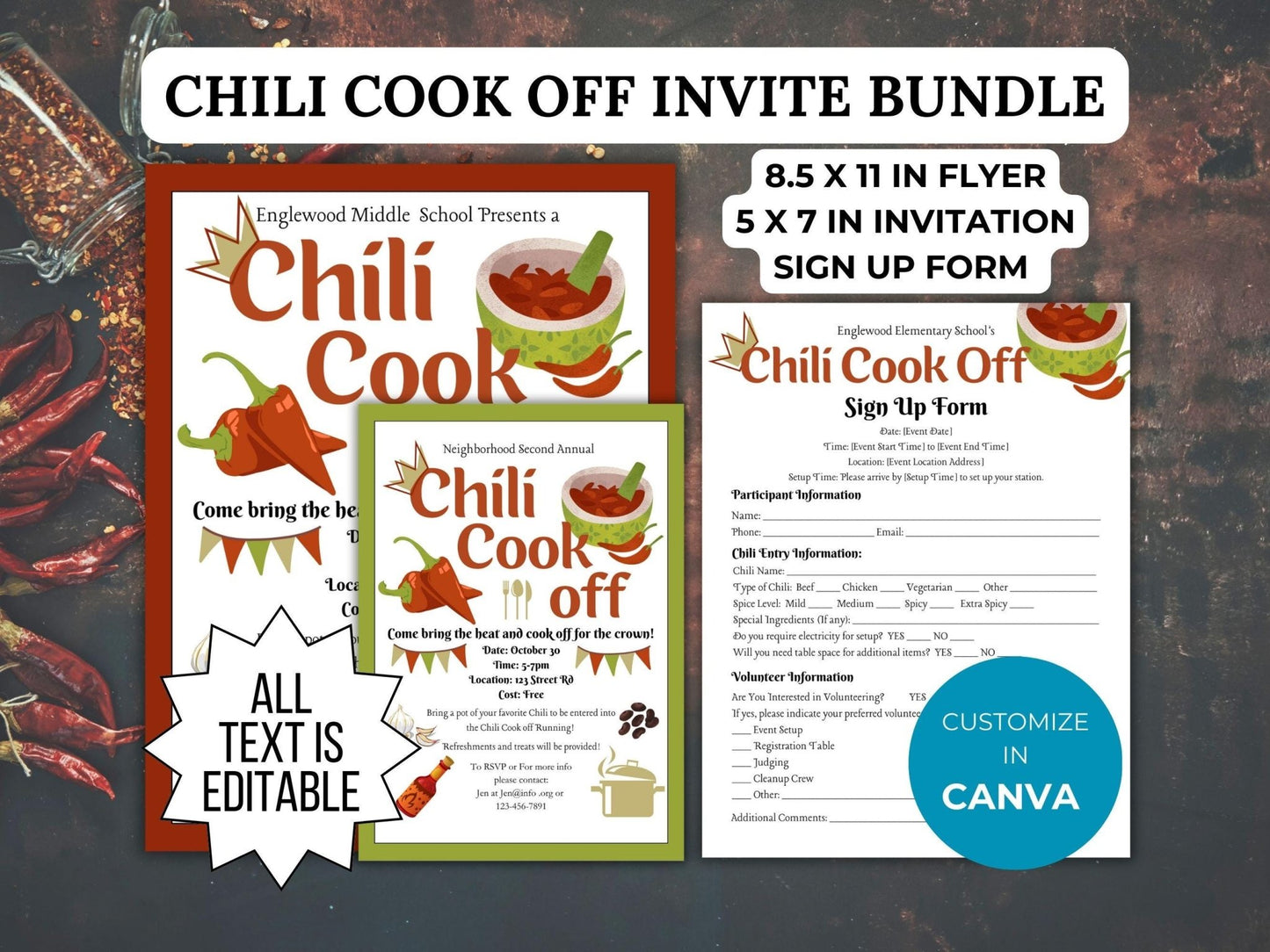 Chili Cook Off Flyer Invitation Sign Up Form PTO Template Bundle shown decorated with chili bowl and chili peppers and in the color brown, red and green. Is customizable in canva