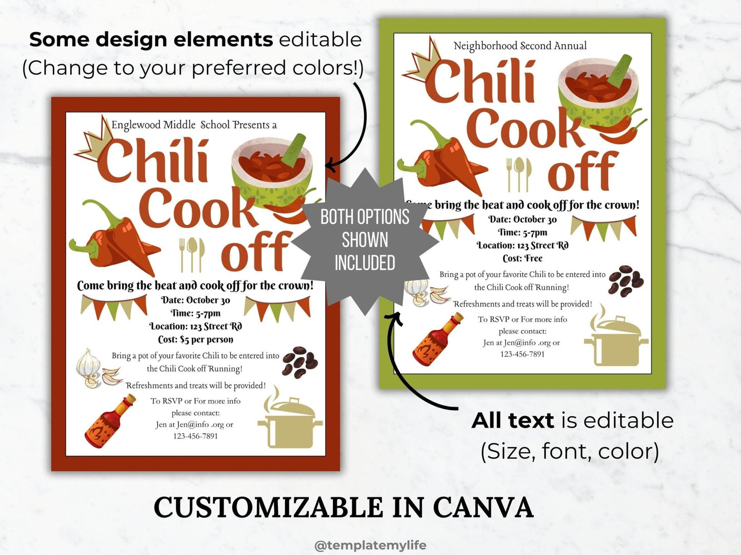 Chili Cook Off Flyer Invitation Sign Up Form PTO Template Bundle shown all text and design elements customizable