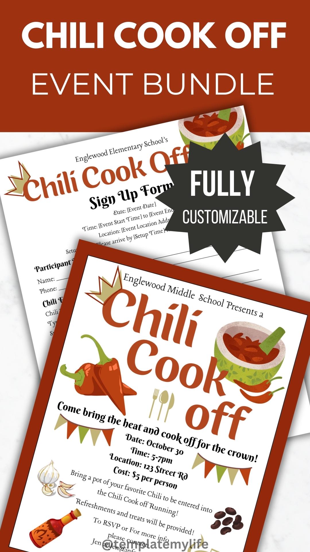 Chili Cook Off Flyer Invitation Sign Up Form PTO Template Bundle shown is fully customizable