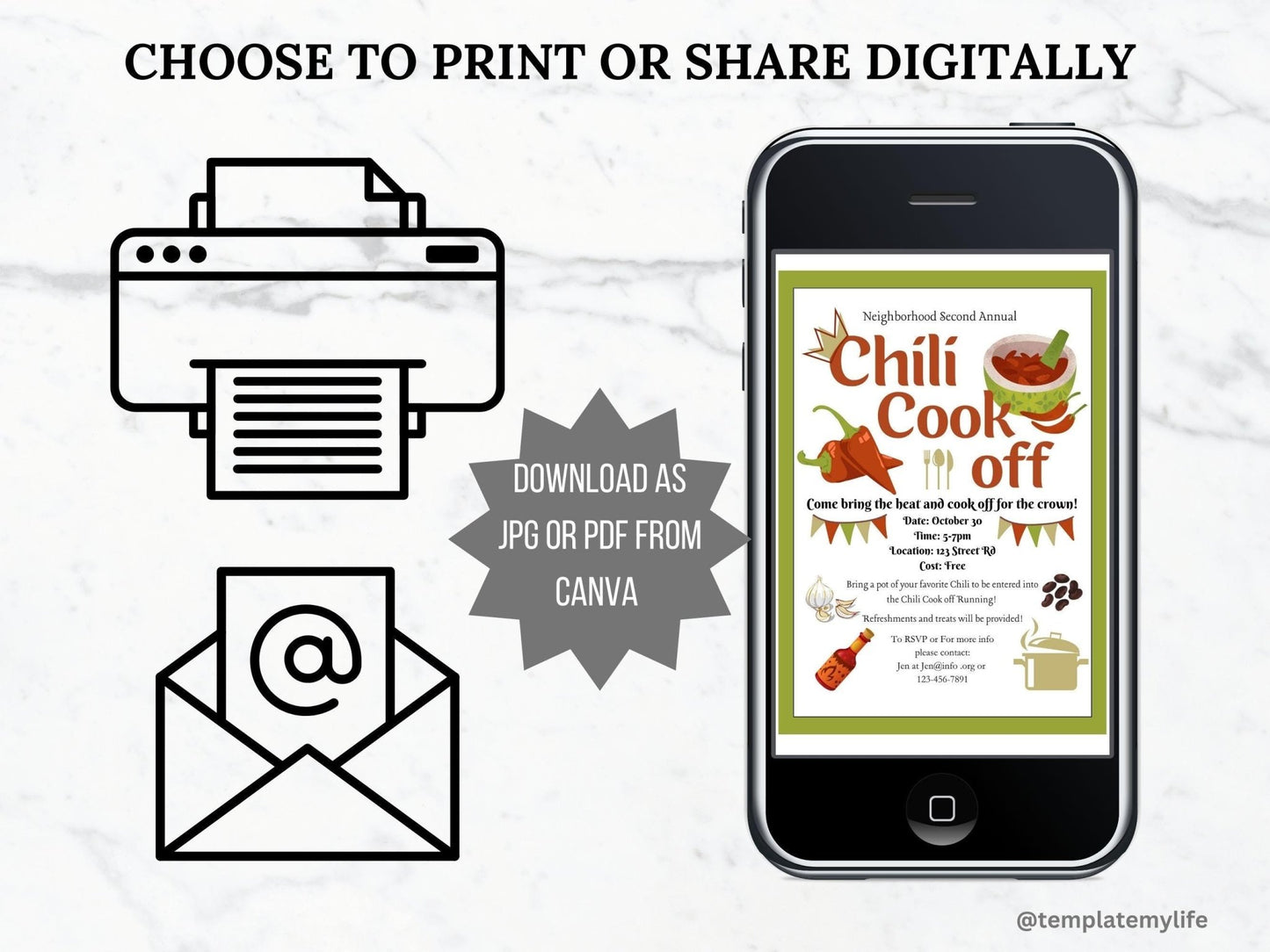 Chili Cook Off Flyer Invitation Sign Up Form PTO Template Bundle shown on a phone can be used printed or digital