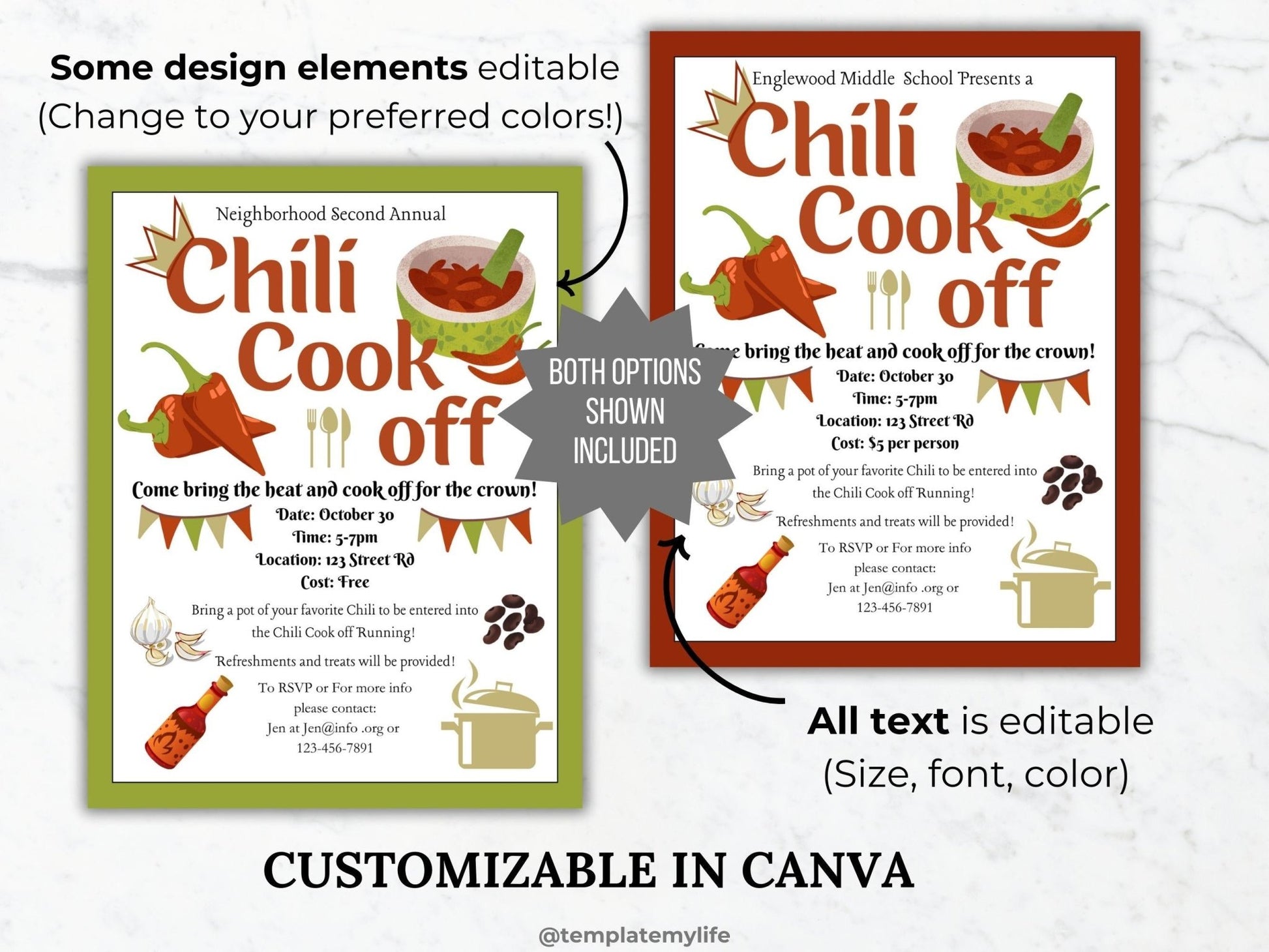 Chili Cook Off Flyer Invitation Template Bundle comes with both red border and green border and all text and design elements are customizable