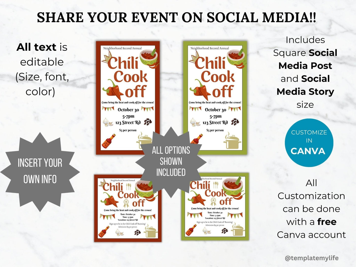 Chili Cook Off Flyer Invitation Social Media post fundraiser save the date announcement comes with both long version for social media story and square for post