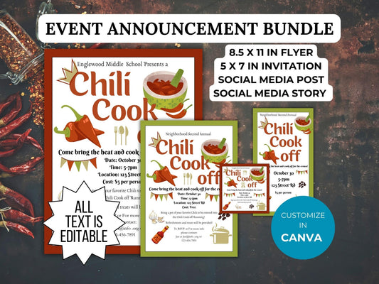 Chili Cook Off Flyer Invitation Template Bundle PTO PTA Fall event Party invite Social Media post fundraiser save the date announcement is customizable in canva