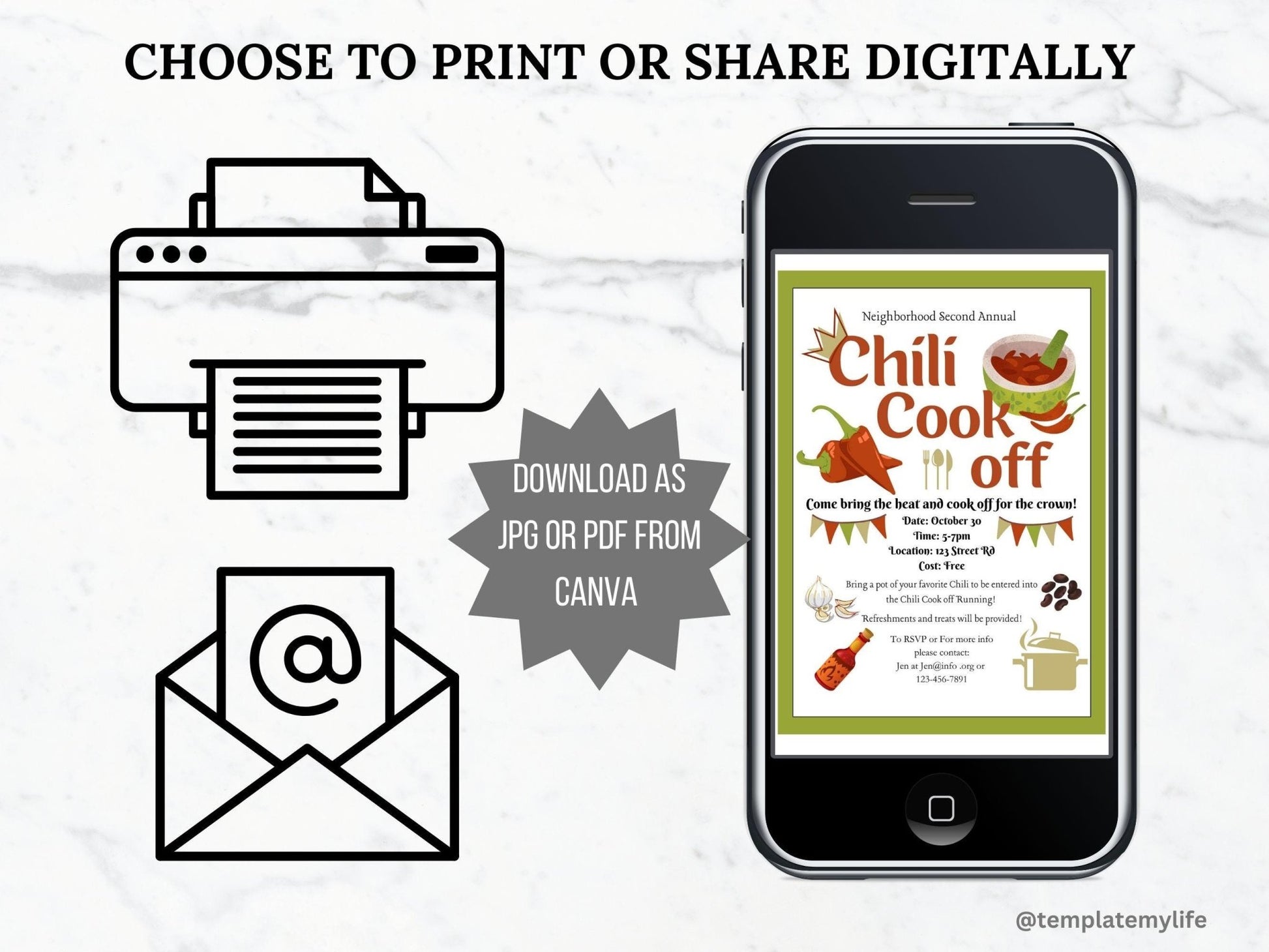 Chili Cook Off Flyer Invitation Template is shown on a phone can be used printed or digital