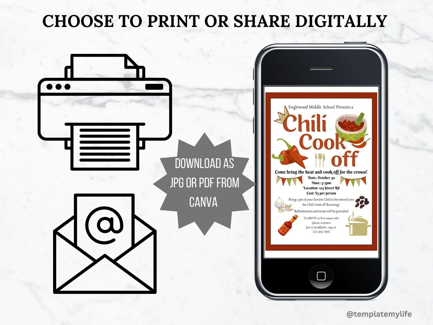 Chili Cook Off Flyer Invitation shown on phone can be used both printed or digital