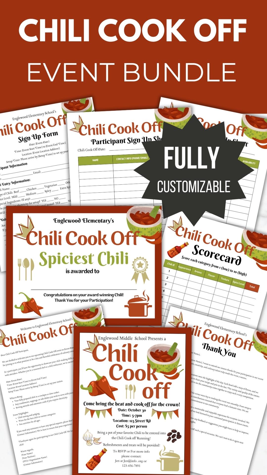 Chili Cook Off Flyer Invitation Template PTO Bundle shown with multiple pages is fully customizable