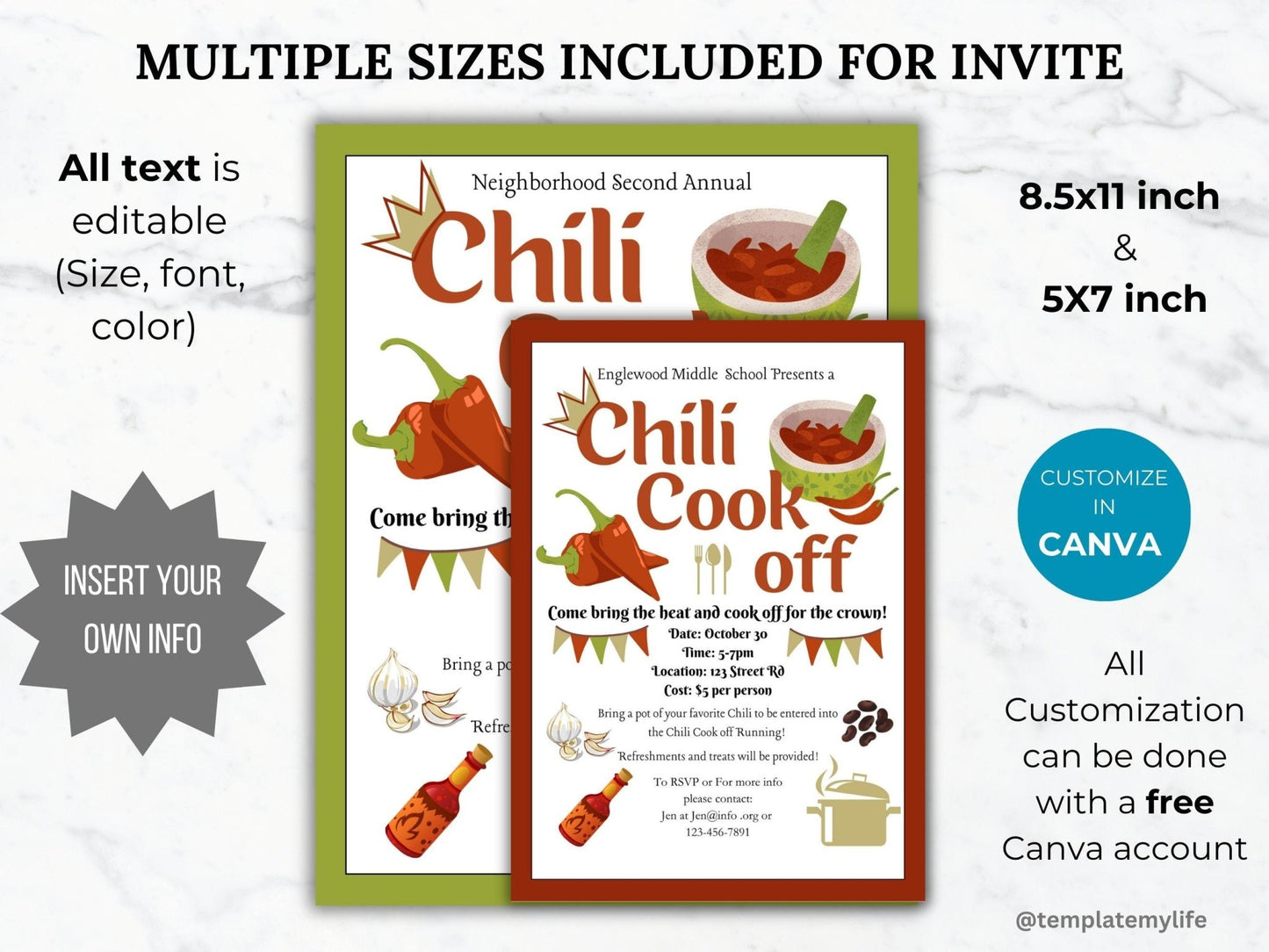 Chili Cook Off Flyer Invitation Template comes shown in 2 sizes US letter size 8.5 x 11 inch and 5 x 7 inch. All text is editable with a free canva account