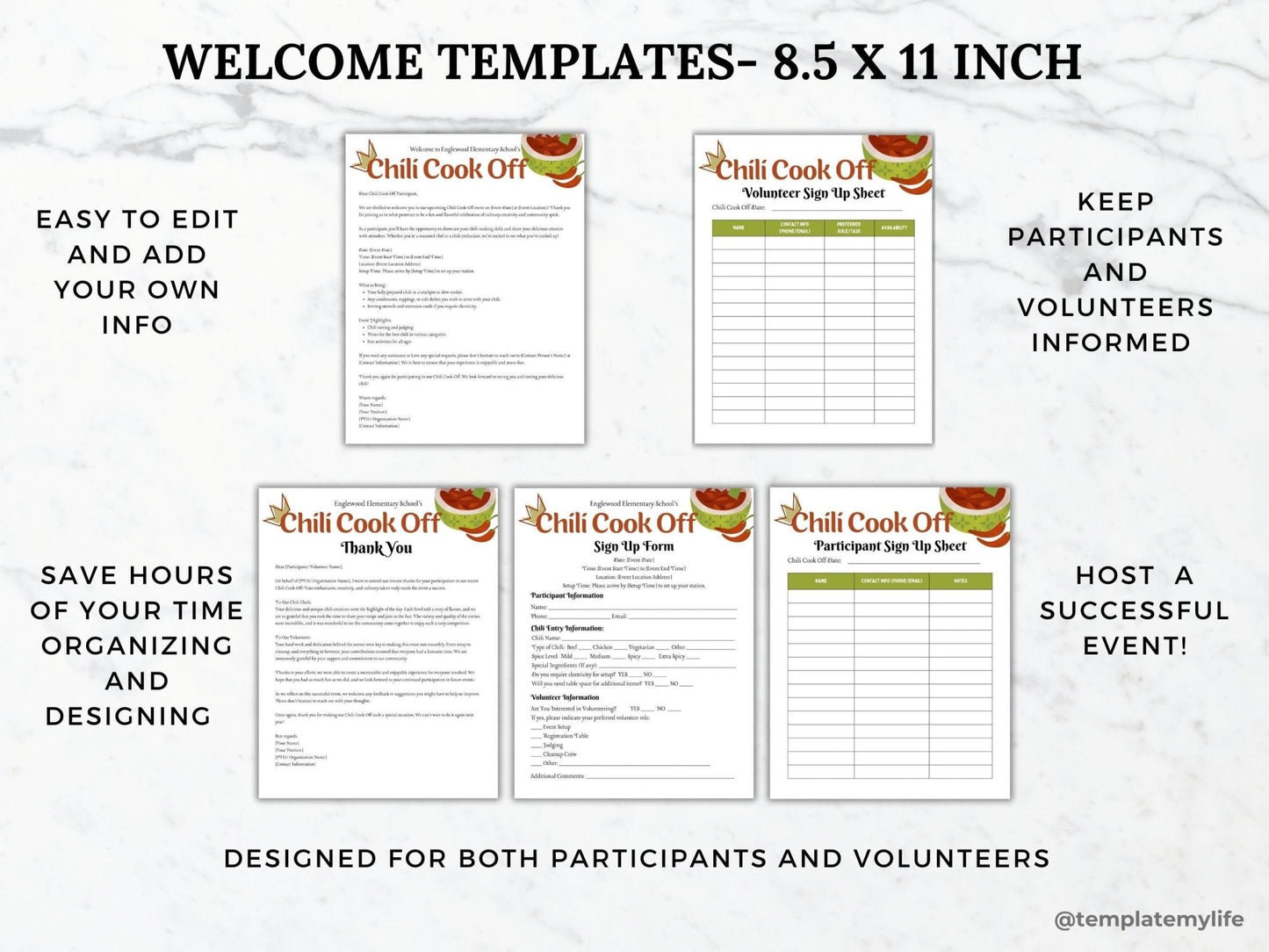 Chili Cook Off Flyer template bundle comes with welcome templates for welcome letter, thank you letter, sign up form, participant sign up sheet and volunteer sign up sheet shown