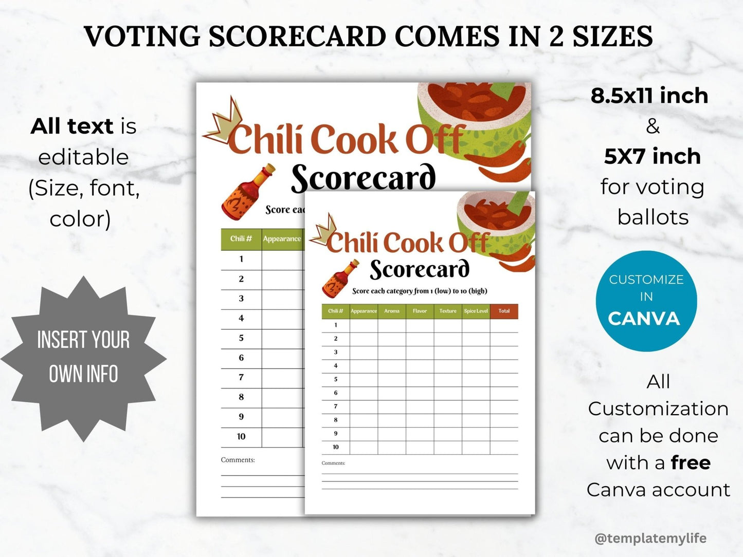 Chili Cook Off Flyer Invitation Template bundle comes with Chili Cook off scorecard in both US letter size 8.5 x 11 inch and 5 x 7 inch shown customizable in canva