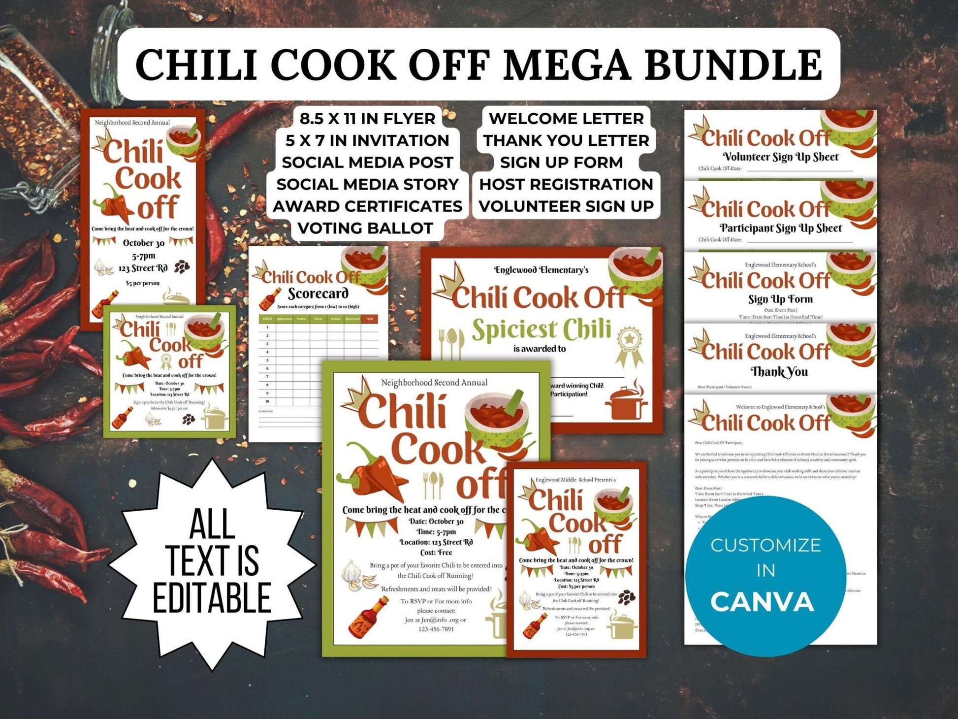 Chili Cook Off Flyer Invitation Template PTO Bundle Neighborhood Fall Party invite PTA Editable School Fundraiser Fall Cook-off event forms